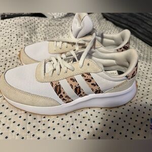 adidas White and Beige Sneakers with Leopard-Print Three Stripes